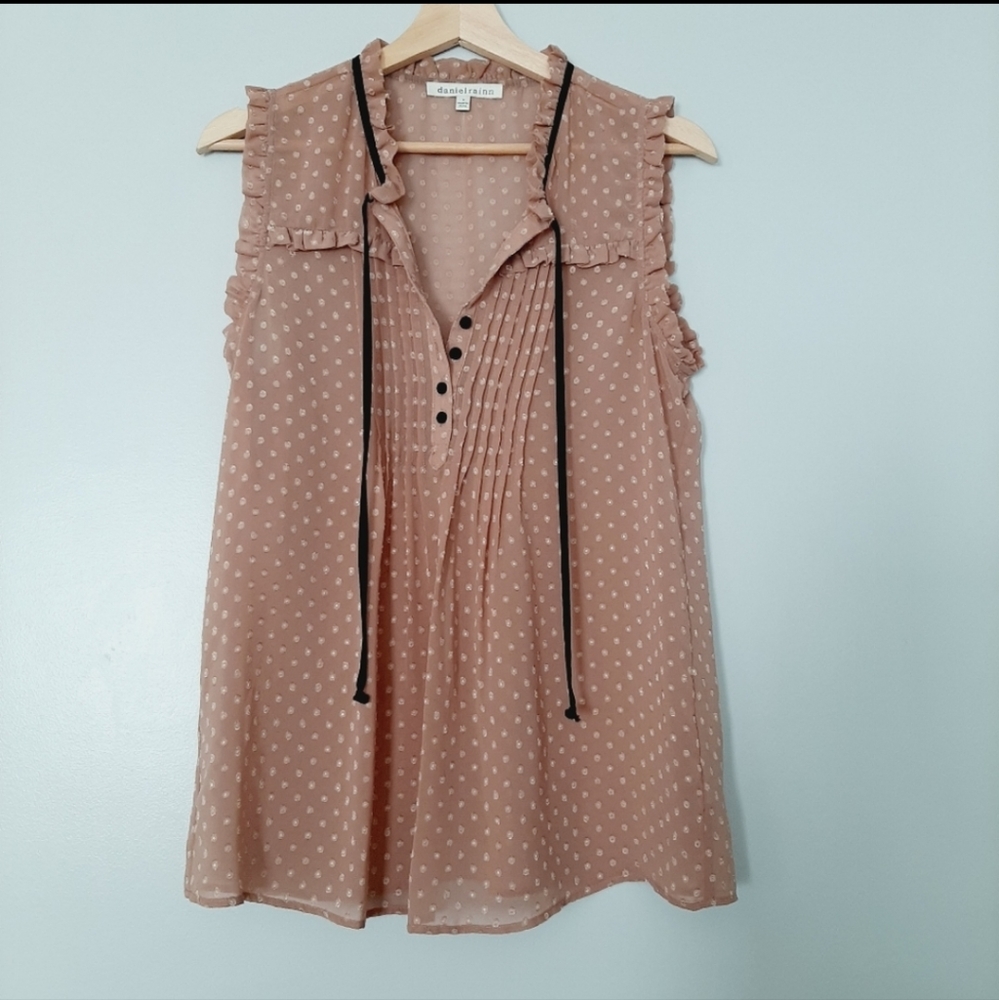 🌿2 for $40 / DANIEL RAINN Sheer Tan Flocked Polka-dot Blouse Top M